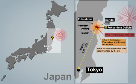 Earthquake epicenter, location of the Fukushima nuclear power plant, the nearest towns and the three evacuation zones are depicted on a map of Japan. (Source: © gurgenb / stock.adobe.com) Earthquake epicenter, location of the Fukushima nuclear power plant, the nearest towns and the three evacuation zones are depicted on a map of Japan. (Source: © gurgenb / stock.adobe.com)