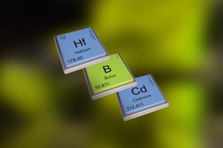 Boron, cadmium, and hafnium are the elements most commonly used as additives in alloys to make absorber and shutoff rods. (Source: © concept w / stock.adobe.com) Boron, cadmium, and hafnium are the elements most commonly used as additives in alloys to make absorber and shutoff rods. (Source: © concept w / stock.adobe.com)