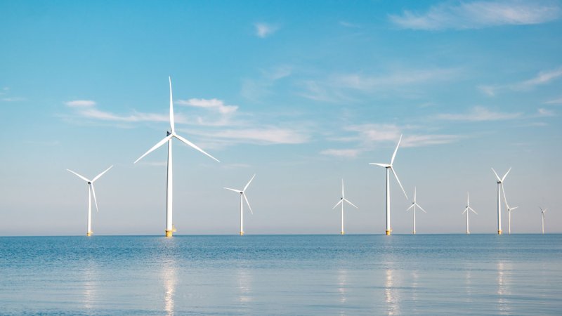 The 30 two-megawatt wind turbines of the Scroby Sands wind farm, about 2.5 km off the coast of Great Yarmouth, England. (Source: © Fokke Baarssen / stock.adobe.com)