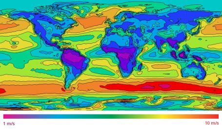 Map of wind patterns. Mean wind speed at 10 m above ground level. Map of wind patterns. Mean wind speed at 10 m above ground level.