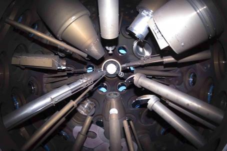 Diagnostics closely inspecting target in OMEGA laser chamber. (Credit: © LLE University of Rochester / www.lle.rochester.edu) Diagnostics closely inspecting target in OMEGA laser chamber. (Credit: © LLE University of Rochester / www.lle.rochester.edu)