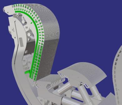 A cutaway of an ITER divertor cassette showing the integrated diagnostic systems — Langmuir probes (in green) positioned between the divertor plates. (Credit © ITER Organization, www.iter.org) A cutaway of an ITER divertor cassette showing the integrated diagnostic systems — Langmuir probes (in green) positioned between the divertor plates. (Credit © ITER Organization, www.iter.org)