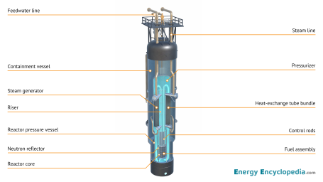 Illustration of a small modular reactor showing all major primary-circuit components integrated within the reactor pressure vessel. The image can be downloaded from the Free Downloads / Images section. Illustration of a small modular reactor showing all major primary-circuit components integrated within the reactor pressure vessel. The image can be downloaded from the Free Downloads / Images section.