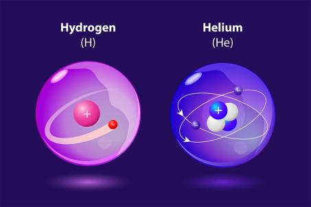 Depiction of the structures of hydrogen and helium atoms. (Source: © designua / stock.adobe.com) Depiction of the structures of hydrogen and helium atoms. (Source: © designua / stock.adobe.com)